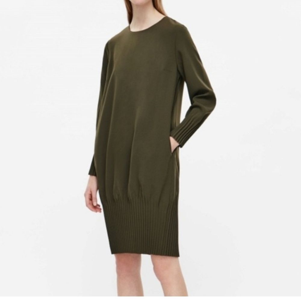 COS Olive Knife Pleat Long Sleeve Dress